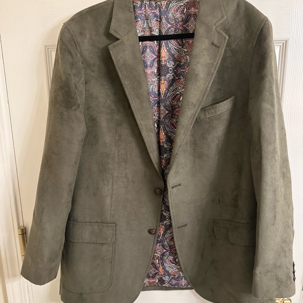 TWO Alan Flusser faux suede sport coats. Brown and Dark Grey/Sage. LARGE 44R